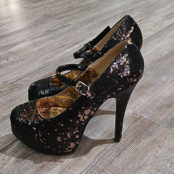 Bordello black gold shifting sequin stiletto 6" heels Sz 7 NWOT - Picture 3 of 10